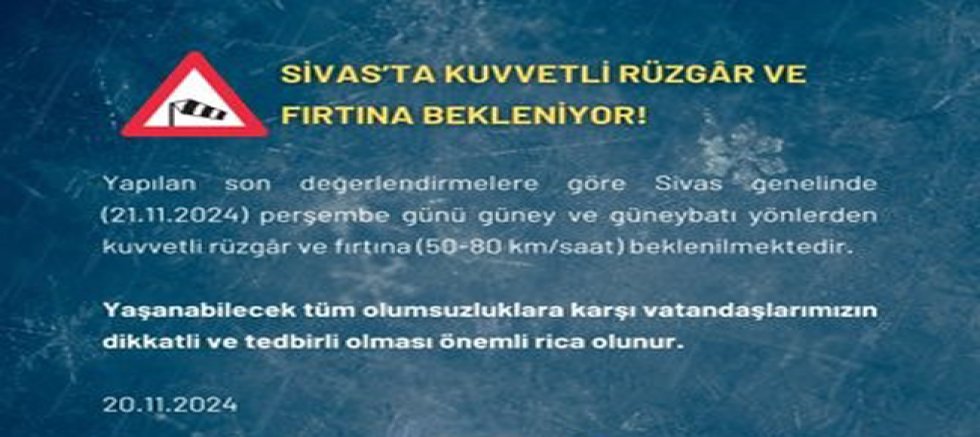 Sivas’a fırtına uyarısı